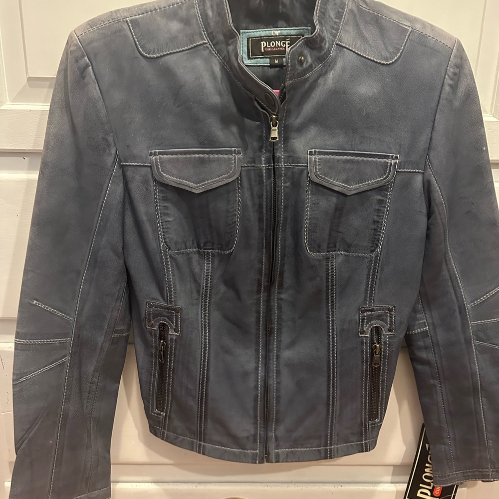 Plonge Distressed Gray Motorcycle Jacket  Blue Zip Up Contrast Stitching   NWT M